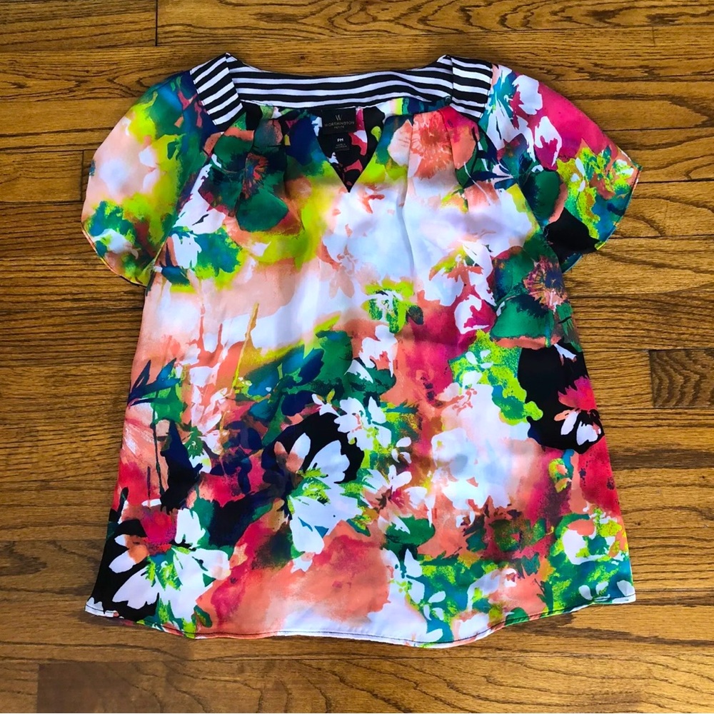 JCPenney Worthington Floral Print Black White Stripe Henley Neck Blouse Petite M